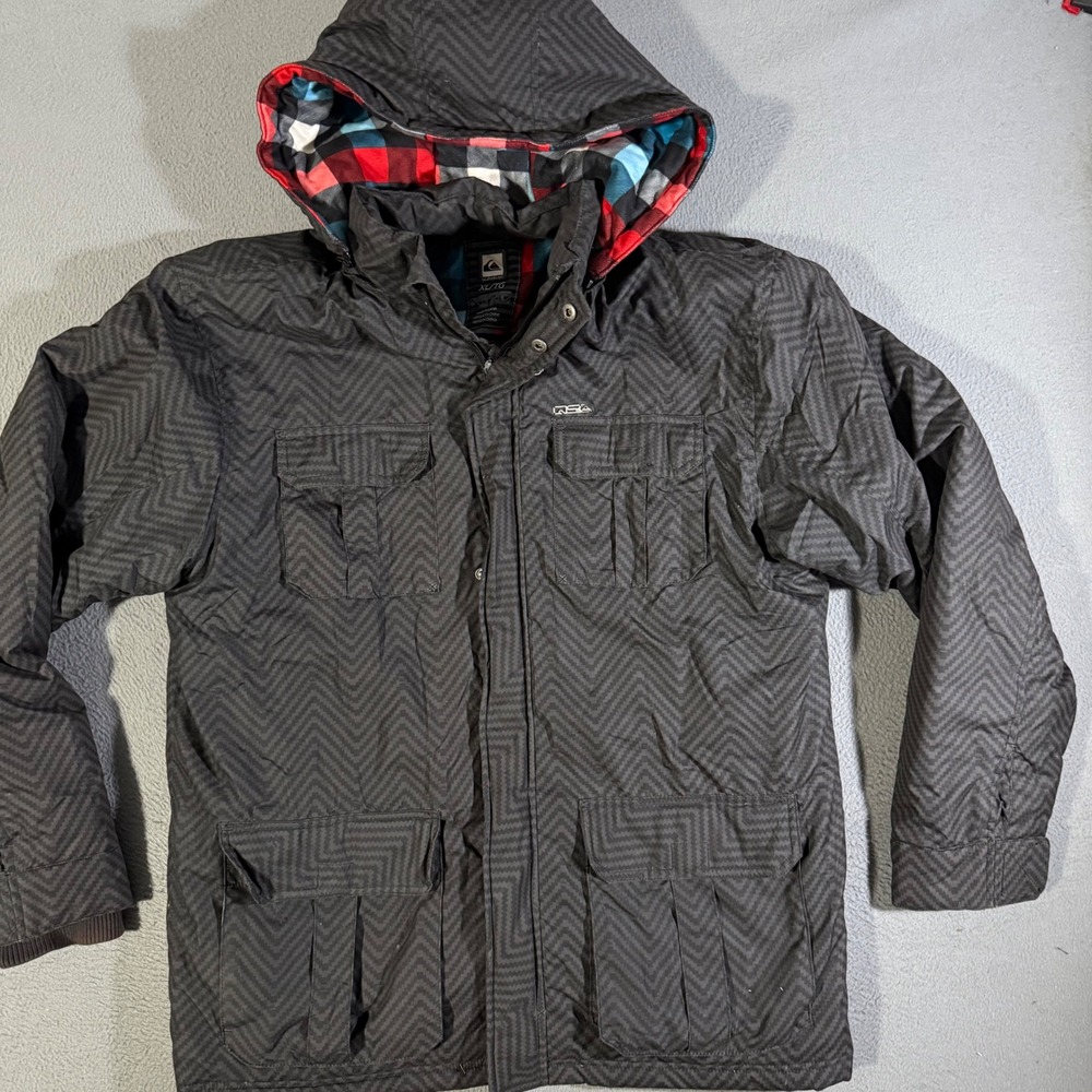 VTG Quiksilver Ski Jacket Mens XL Black Herringbone Utility Pockets Plaid Lined